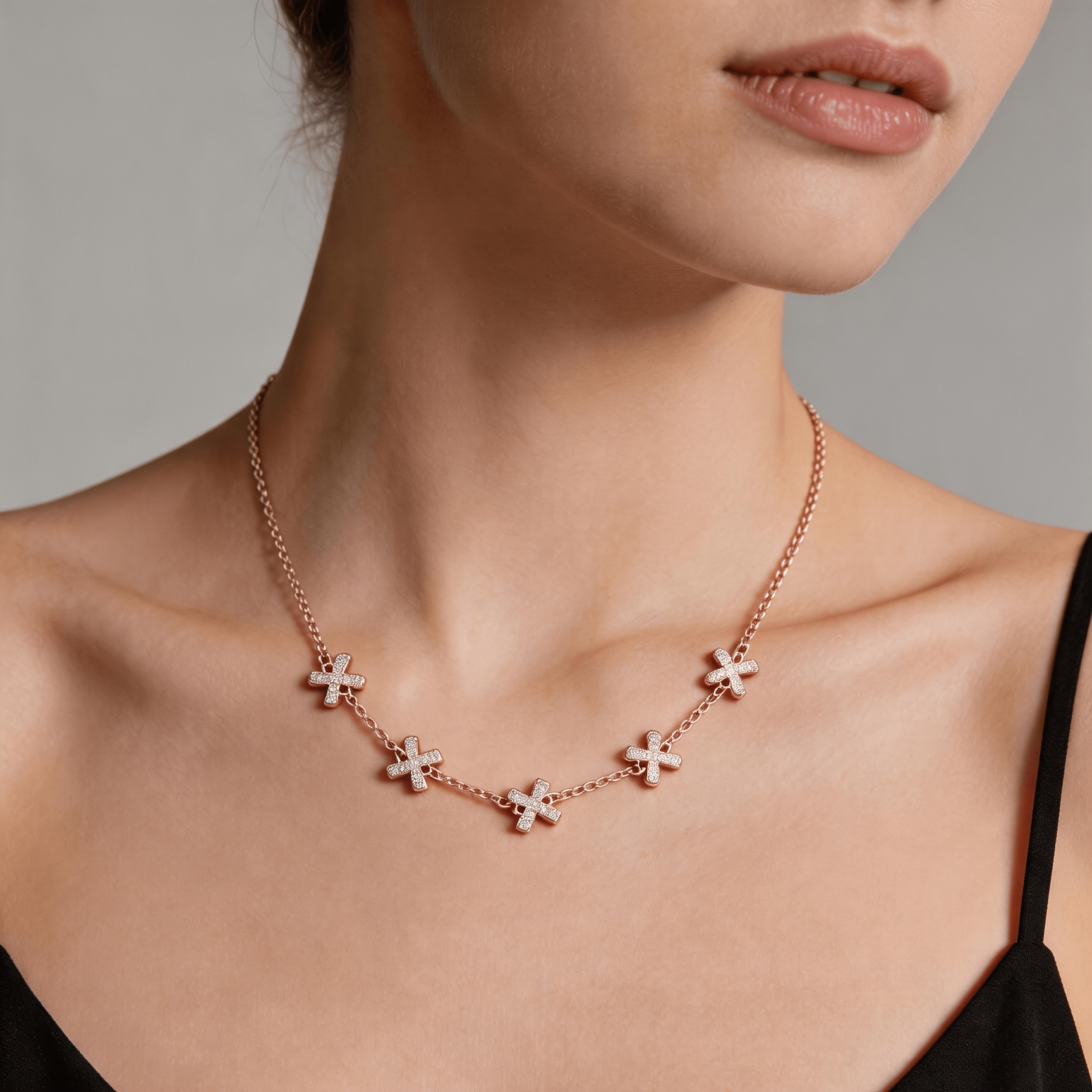 Women's Rose Plated Adjustable Cross Pave Rhinestone Choker Necklace